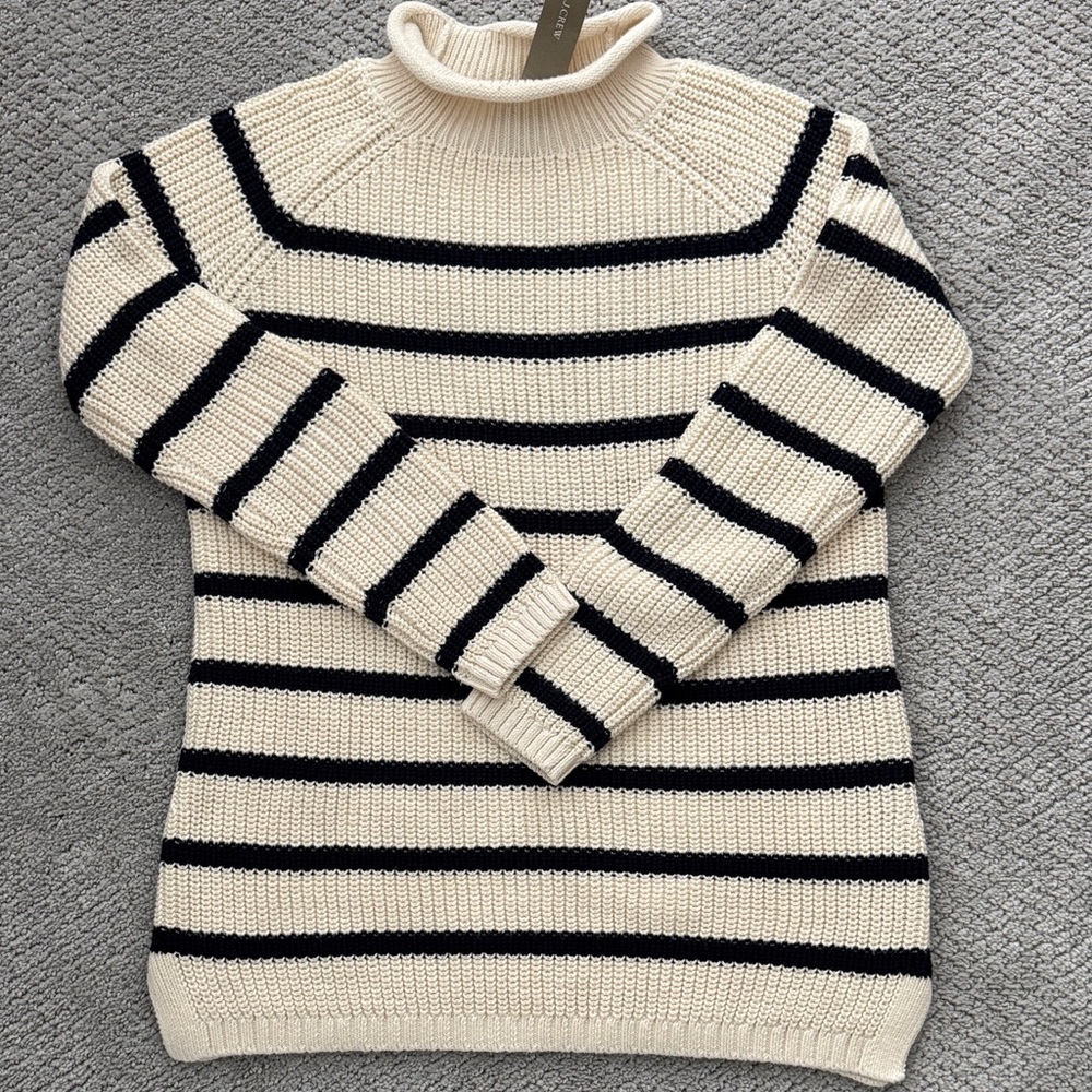 J. Crew Cream and Dark Navy Striped Turtleneck Sweater
